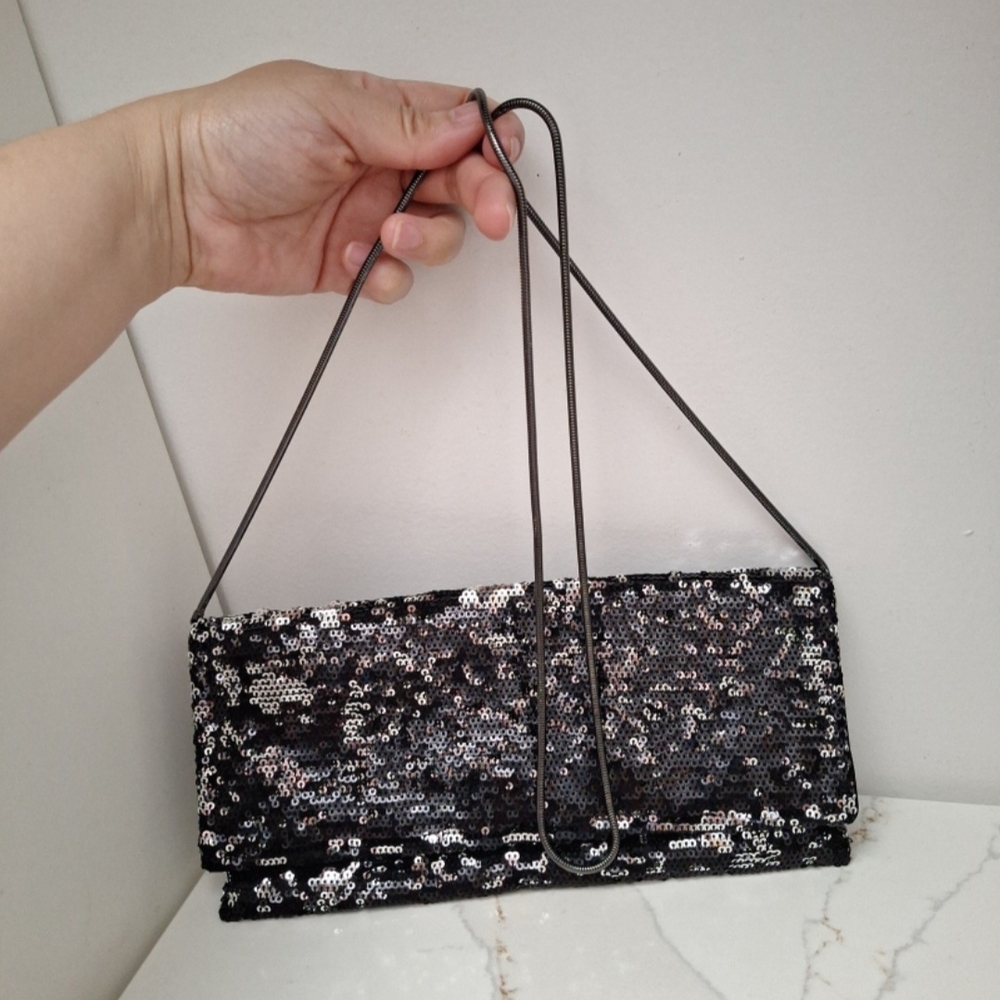 BCBGMaxAzria Black/Silver Sequin Clutch w/ Long Shoulder Coil Strap